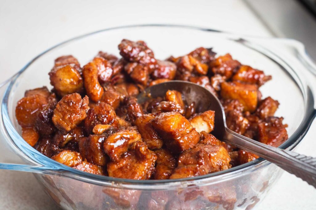 Braised pork belly in a glass bowl