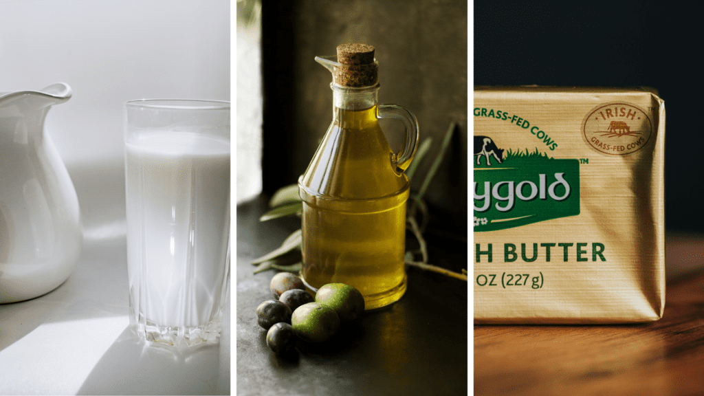 Ancestral Eating: collage of milk glass, bottle of olive oil and british butter in a pack