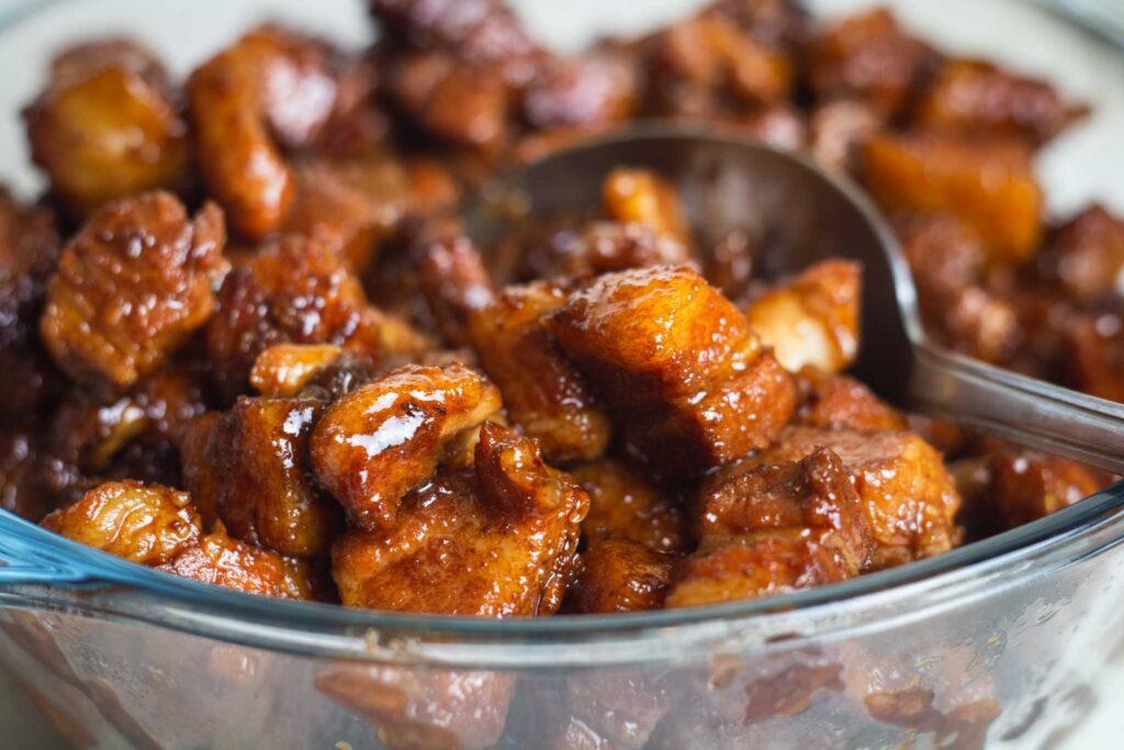 Clear bowl of braised pork belly