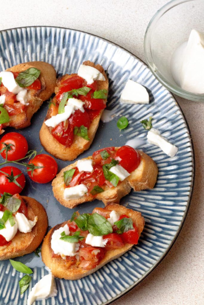 Easy Italian Bruschetta with Mozzarella cheese and basil