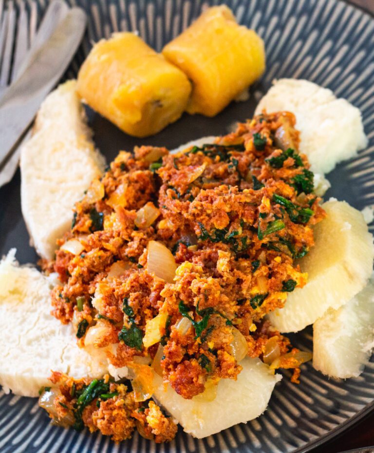 Yam and Egg Nigerian Corned Beef Stew with Boiled Plantain