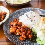 A plate of korean spicy chicken with a side of jasmine rice, kelp and cabbage