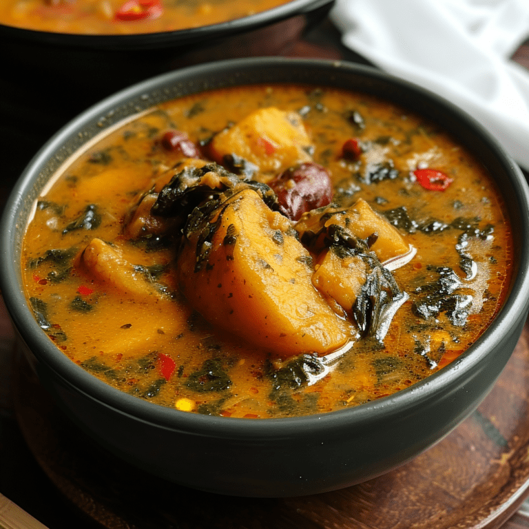 A bowl of nigerian pepper soup with herbs, greens, meat and yam