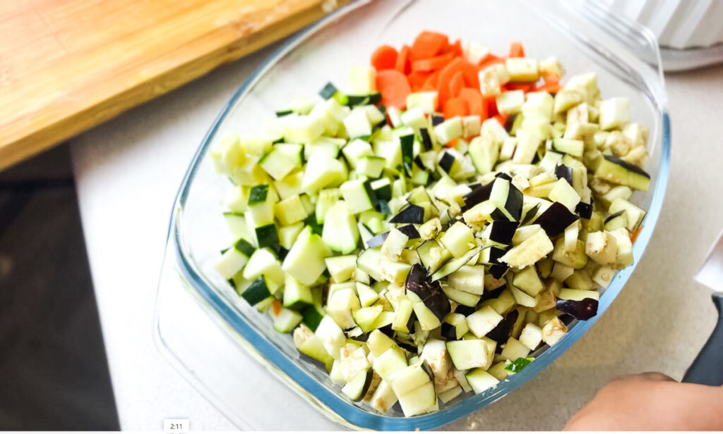 chopped carrots, aubergine and courgette for ratatouille recipe