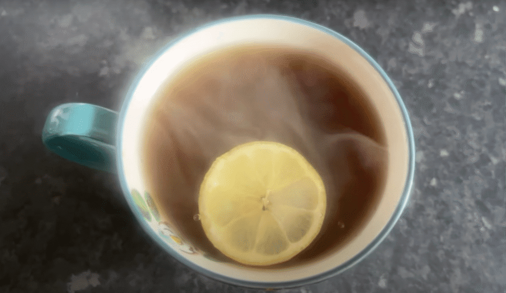 prekese tea in a mug with lemon slice